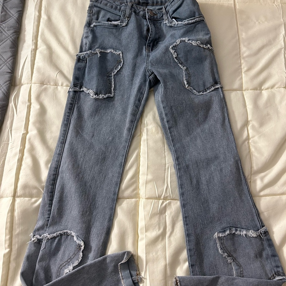 SHEIN Gray Frayed Patchwork Flare Jeans with butterflies on them small tall